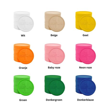 Consumptiemunten, 6000 stuks met 1-consumptie aan beide zijden samen met 3 gereedschapskisten c.q.  opbergboxen in het blauw.