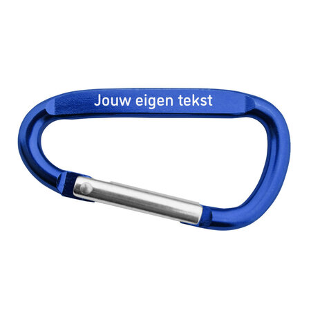 Karabijnhaak met tekst gravering 60x30mm blauw - per stuk