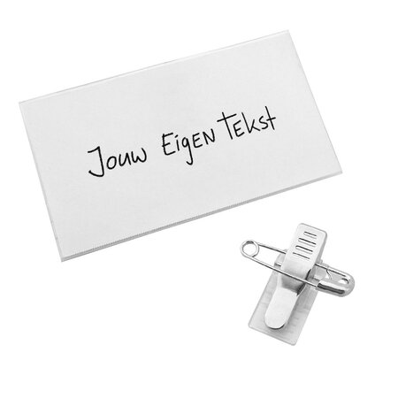 Blanco acetaat naambadge met clip en speld 75x40mm - per 1 stuk