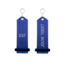 Bumerang aluminium hotel sleutelhanger in blauw met zilver gravering 30x100 mm