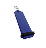 Bumerang aluminium hotel sleutelhanger in blauw met zilver gravering 30x100 mm