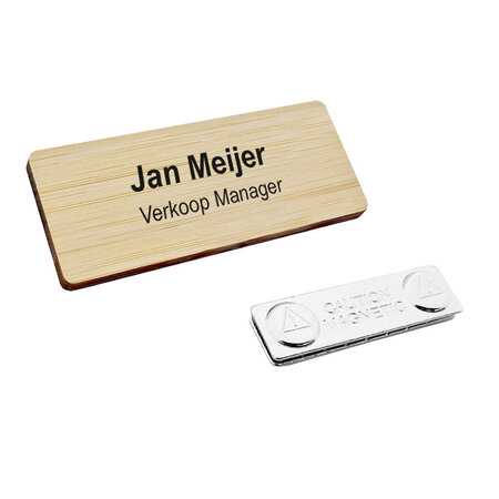Bamboe naambadge met tekst 72x30mmm met magneet - per 1 stuk