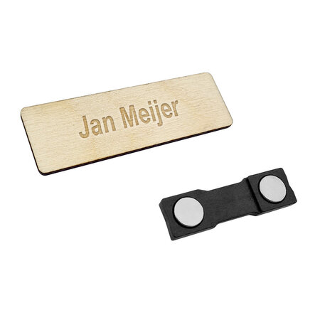 Houten naambadge met jouw tekst 70x20mm rechthoek - per 1 stuk