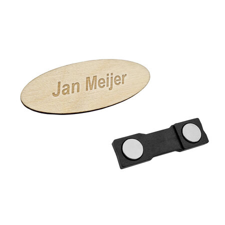 Houten naambadge met tekst gravering 65x25mm ovaal  - per 1 stuk