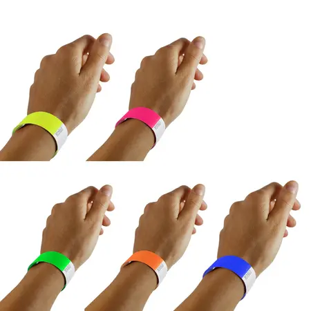 Blanco Tyvek polsbandjes neon kleurenmix - per  100 stuks