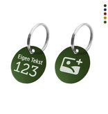 Aluminium sleutellabel met dubbelzijdige gravering van nummer en tekst en logo - per stuk