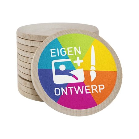 Houten munten Ø50mm met jouw eigen ontwerp - per 100 stuks