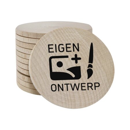 Houten munten Ø50mm met jouw eigen ontwerp - per 100 stuks