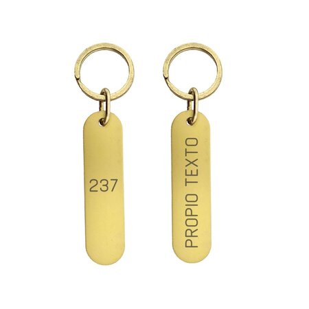 Victor Label aluminium hotel sleutelhanger goud met zwarte gravering met afmetingen van 78 x 20 x 1,5 mm