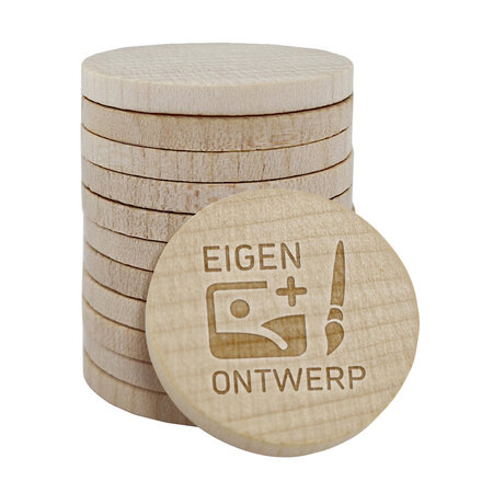 Houten munten met eigen gravering Ø29mm - per 100 stuks