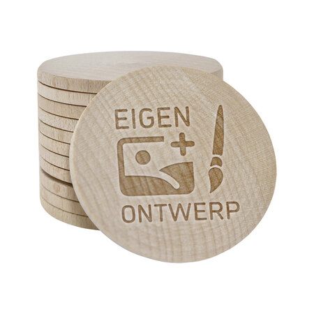 Houten munten met eigen gravering Ø50mm - per 100 stuks
