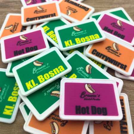 Witte plastic rechthoek munten 50 x 35 mm met jouw eigen ontwerp - per 100 stuks