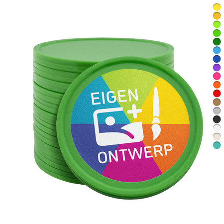 Grote plastic munten Ø35mm met jouw eigen ontwerp vanaf 3000 stuks - per 1000 stuks