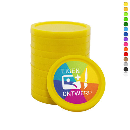 Kleine plastic munten Ø23mm met jouw eigen ontwerp vanaf 3000 stuks - per 1000 stuks