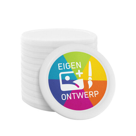 Plastic bedrukte munten met eigen ontwerp Ø28mm wit - per 100 stuks
