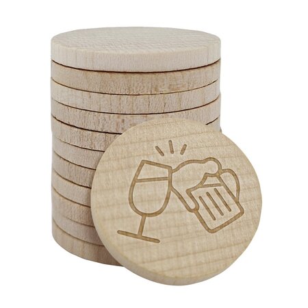 Houten gegraveerde munten met een bier- en wijnglas Ø29mm - per 100 stuks