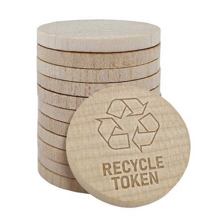 Houten gegraveerde munten een recycle-icoon en de tekst 'Recycle token' Ø29mm - per 100 stuks