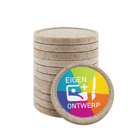 Houtvezel munten Ø23mm met jouw eigen ontwerp - per 100 stuks