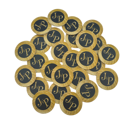 Houtmotief munten Ø35mm met jouw eigen ontwerp - per 100 stuks