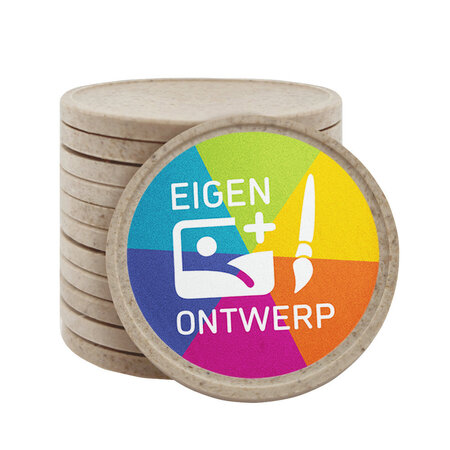 Houtvezel munten Ø35mm met jouw eigen ontwerp - per 100 stuks