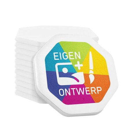Plastic bedrukte achthoek munten met jouw eigen ontwerp 38x38mm - per 100 stuks