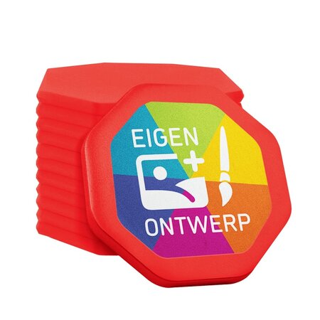 Plastic bedrukte achthoek munten met jouw eigen ontwerp 38x38mm - per 100 stuks