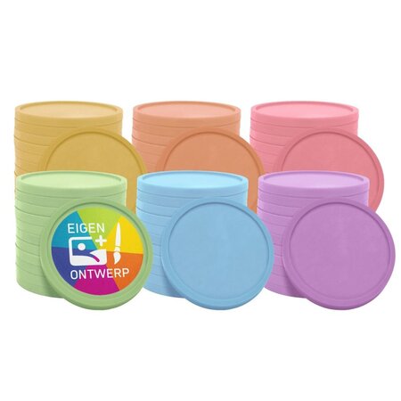 Kleurenmix bedrukte munten gerecycled plastic 29mm - 108 stuks