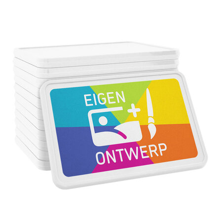 Witte plastic rechthoek munten 50 x 35 mm met jouw eigen ontwerp - per 1000 stuks