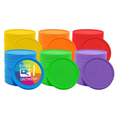 Kleurenmix bedrukte munten plastic Ø29mm - per 108 stuks