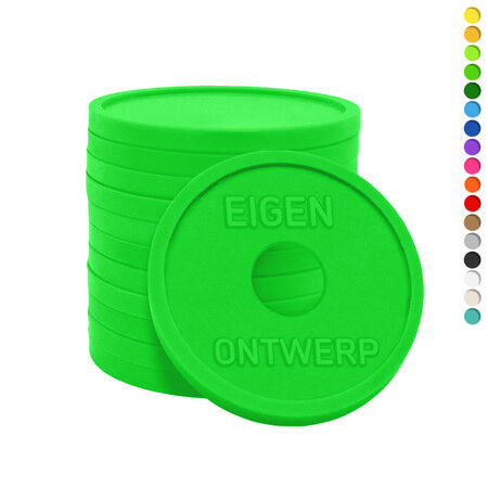 Plastic reliëfmunten Ø29mm met rond gat en eigen ontwerp - per 1000 stuks