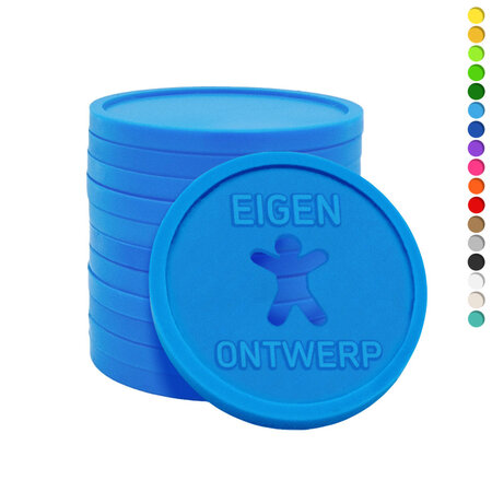 Plastic reliëfmunten Ø29mm met eigen ontwerp en veiligheidsgat - per 1000 stuks