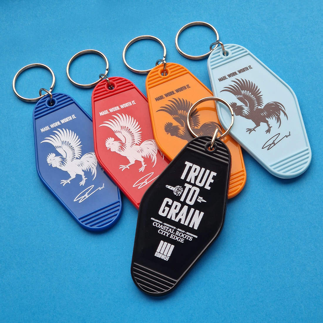 Overview plastic hunter sleutelhangers in een kleurenmix met bedrukking