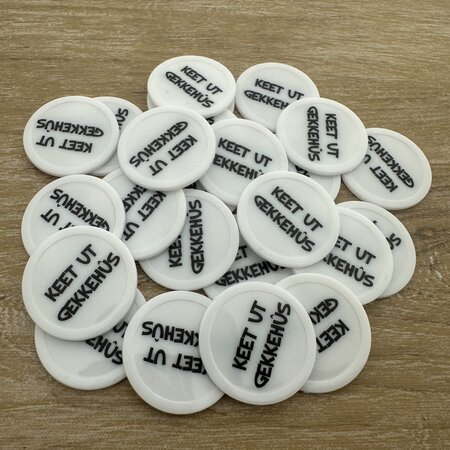 Plastic bedrukte munten met eigen ontwerp Ø28mm wit - per 100 stuks