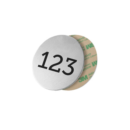 Aluminium nummerplaatje Ø30mm met nummer en tape - per stuk