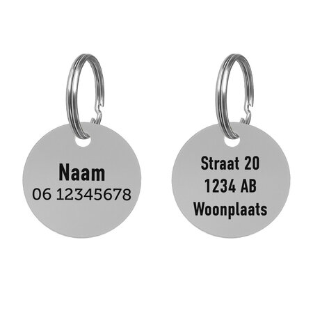 Aluminium hondenpenning Ø30mm met naam, telefoonnummer en tekst tweezijdige gravering – per stuk