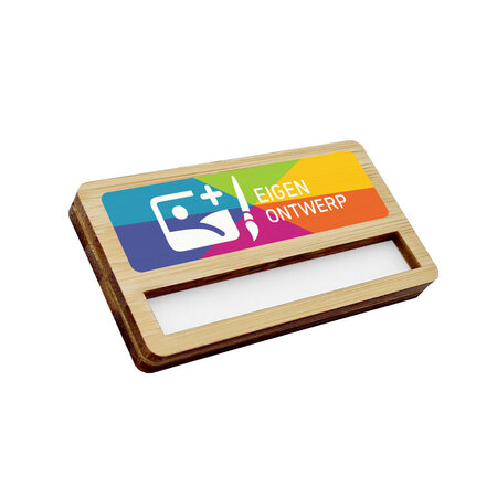 Bamboe naambadge met venster 72x38mm eigen ontwerp - per stuk