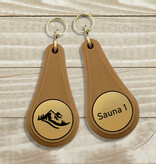 Hotel sleutelhanger Wellness van kunststof in donkerbruin, blanco of met gravering - per 1 stuk