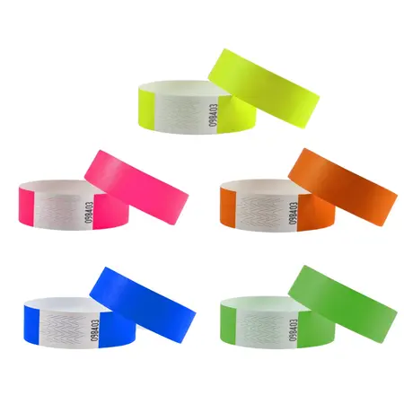Blanco Tyvek polsbandjes neon kleurenmix - per  100 stuks