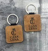 Leren sleutelhanger vierkant met logo in lichtbruin 50x50mm - per 1 stuk