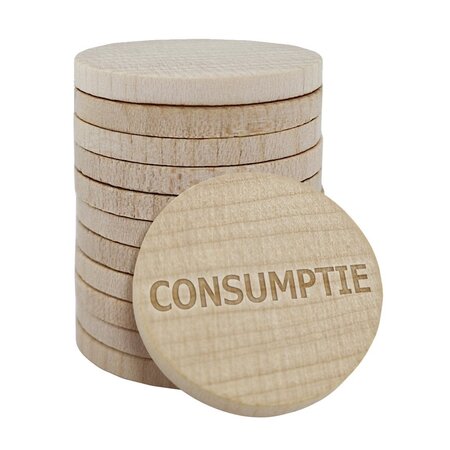 Houten gegraveerde munten met de tekst 'Consumptie' Ø29mm - per 100 stuks