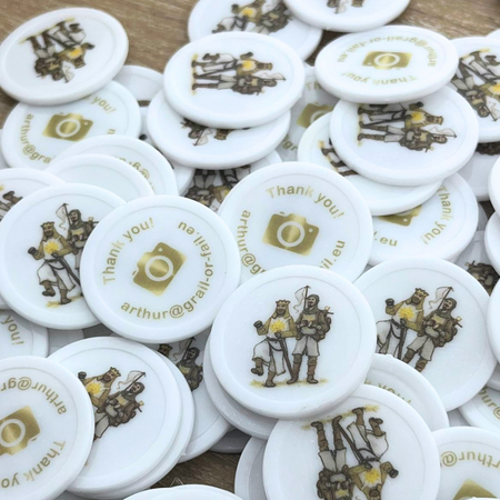 CombiCraft Plastic bedrukte munten met eigen ontwerp Ø28mm wit - per 100 stuks