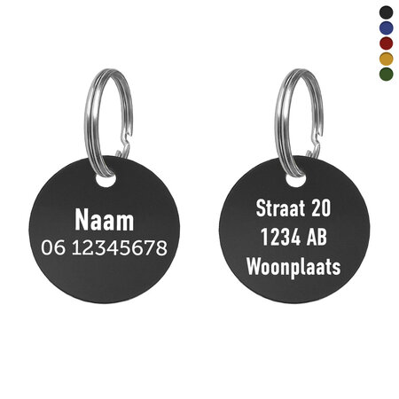 Aluminium hondenpenning Ø30mm met naam, telefoonnummer en tekst tweezijdige gravering - per stuk