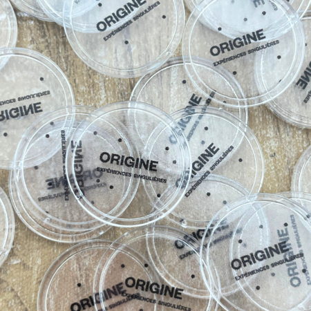 Transparante munten met jouw eigen bedrukking Ø25mm - per 100 stuks