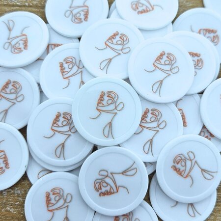 Plastic bedrukte munten met eigen ontwerp Ø28mm wit - per 100 stuks