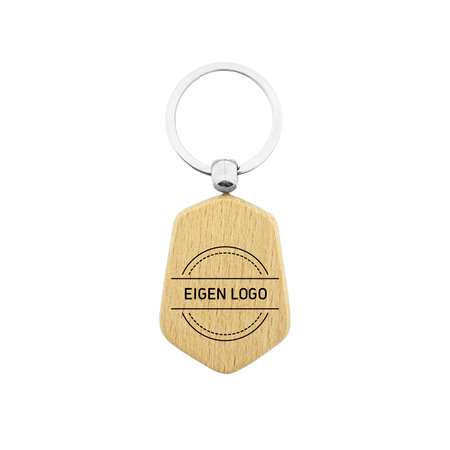 CombiCraft Houten sleutelhanger hexagon 35x48mm met logo - per stuk