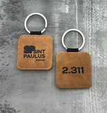 Leren sleutelhanger vierkant met logo in lichtbruin 50x50mm - per 1 stuk
