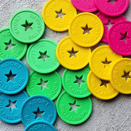 Plastic reliëfmunten Ø29mm met eigen ontwerp en veiligheidsgat - per 1000 stuks