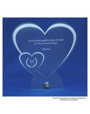  Transparant  plexiglas met RVS houder, hart met klein hart, recht, 20x20cm