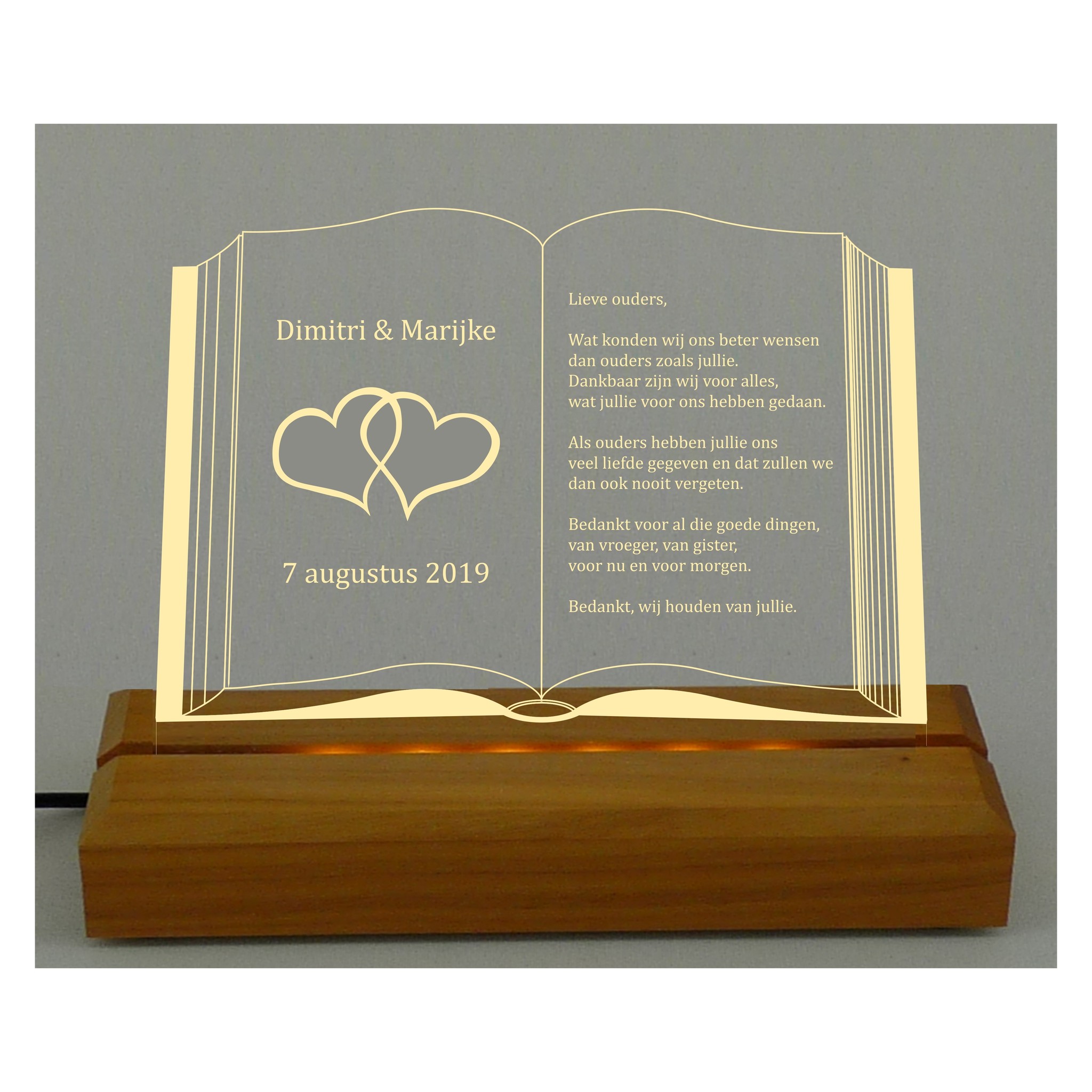 schelp Shilling lengte perspex in boekvorm met led-verlichting - Cadeaugraveren.nl