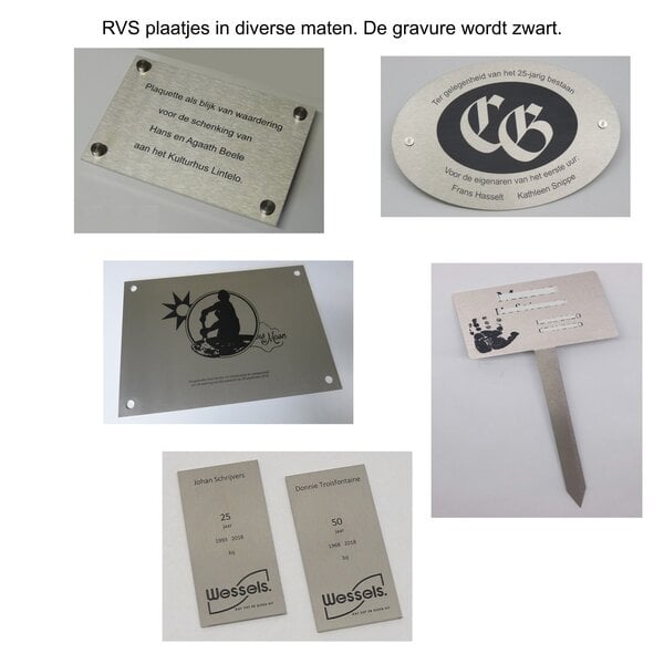 RVS plaatjes met zwarte gravure; diverse afmetingen